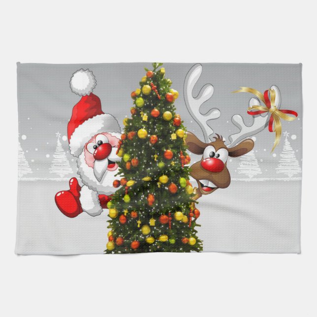 Linge De Cuisine Santa claus and reindeer behind a christmas tree.j (Horizontal)