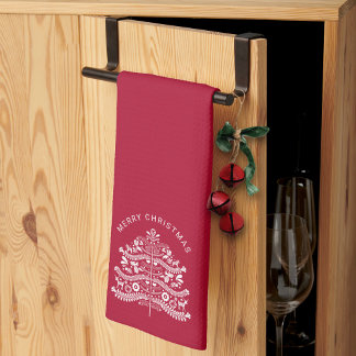 Linge De Cuisine Sapin de Noël scandinave blanc sur rouge