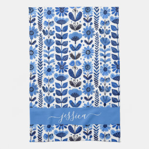 Linge De Cuisine Scandi nom de script floral bleu