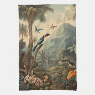 Linge De Cuisine Scène botanique vintage de toucans et fleurs