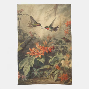 Linge De Cuisine Scène botanique vintage d'hummingbirdet de fleurs