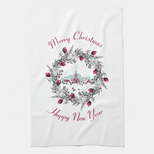 Linge De Cuisine Scène de l'église vintage d'hiver avec couronne de