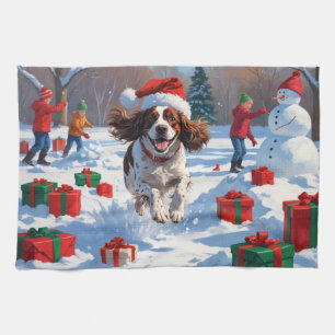 Linge De Cuisine Scène de neige festive de Noël avec un épagneul br