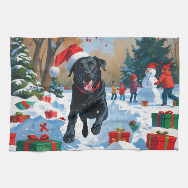 Linge De Cuisine Scène de Noël du Labrador noir (Horizontal)