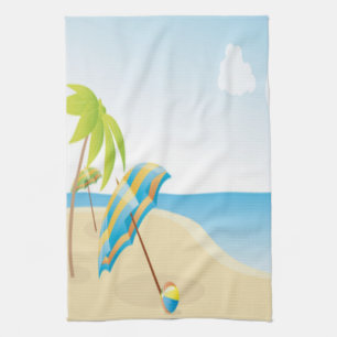 Linge De Cuisine Scène de plage avec le parapluie, les palmiers et