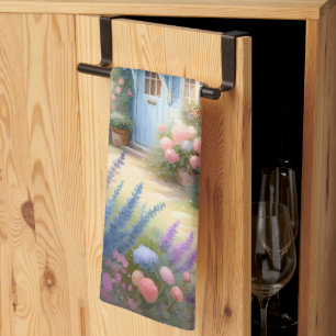 Linge De Cuisine Scène florale de maison bleue de jardin de campagn