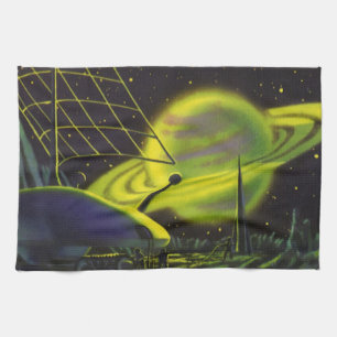 Linge De Cuisine Science-fiction vintage Neon Green Planet w Rings