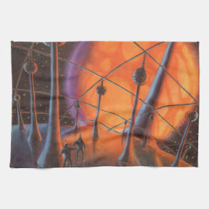 Linge De Cuisine Science-fiction vintage, soleil orange et extrater