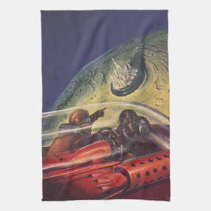 Linge De Cuisine Science-fiction vintage, ville futuriste sur la lu