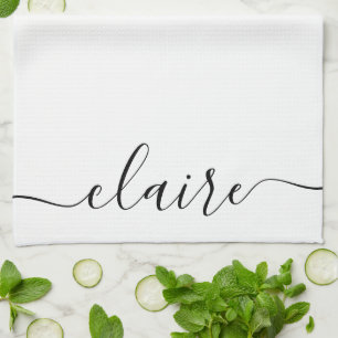 Linge De Cuisine Script de calligraphie noir et blanc Nom personnal