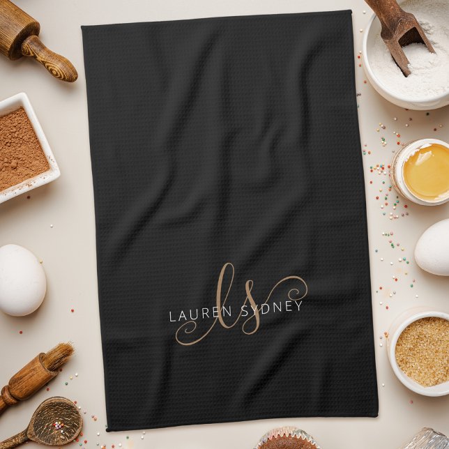 Linge De Cuisine Script féminin Black Gold moderne Monogramme (Créateur téléchargé)
