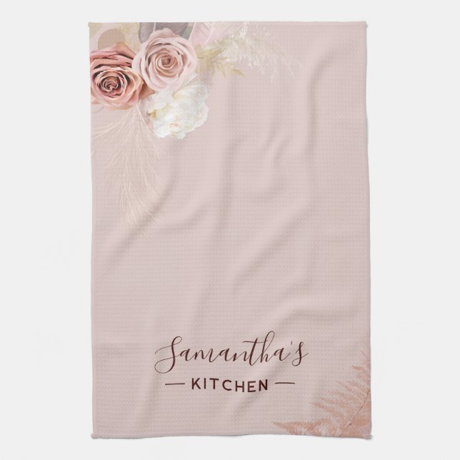 Linge De Cuisine Script Fleur Rose Terracotta Personnalisé (Vertical)