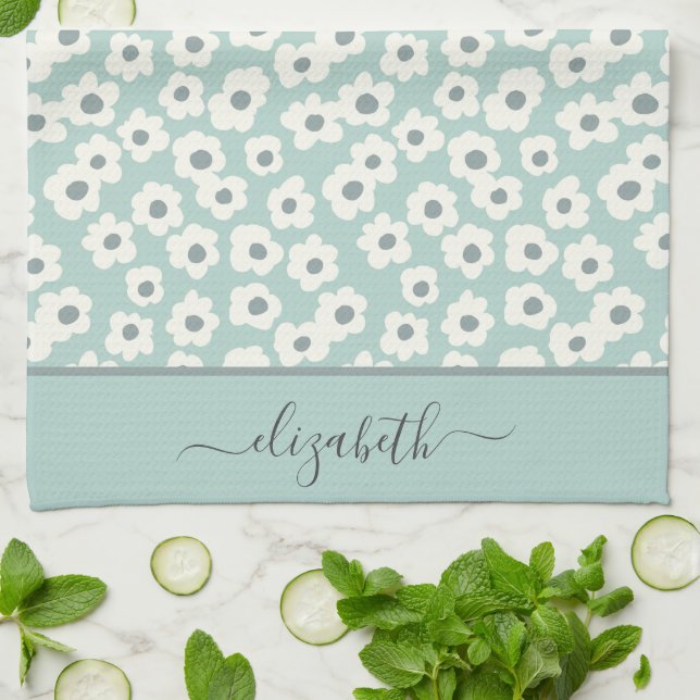 Linge De Cuisine Script Monogram Boho Vert Sage Blanc Gris Floral  (Plié)