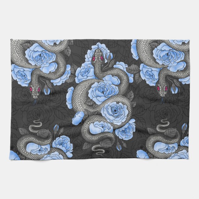 Linge De Cuisine Serpents et roses bleus (Horizontal)