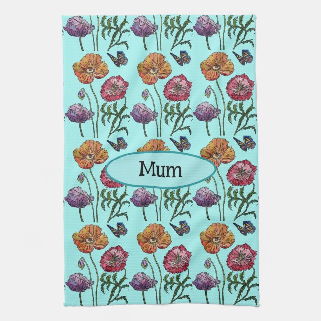 Linge De Cuisine Shabby Poppy Red Purple sur Aqua Nom personnalisab (Vertical)