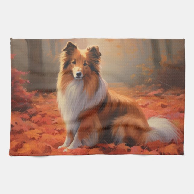 Linge De Cuisine Shetland Sheepdog en automne Feuilles automne Insp (Horizontal)
