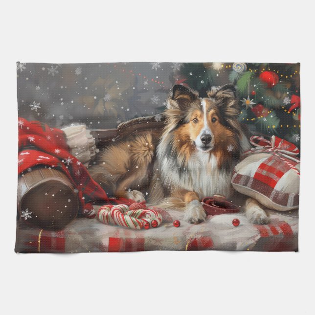 Linge De Cuisine Shetland Sheepdog Festif de Noël (Horizontal)