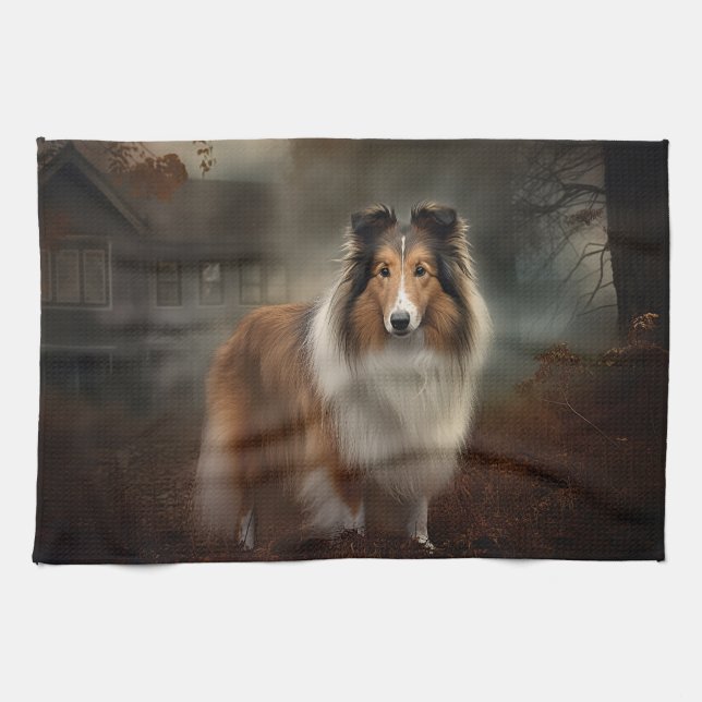 Linge De Cuisine Shetland Sheepdog Halloween effrayant (Horizontal)