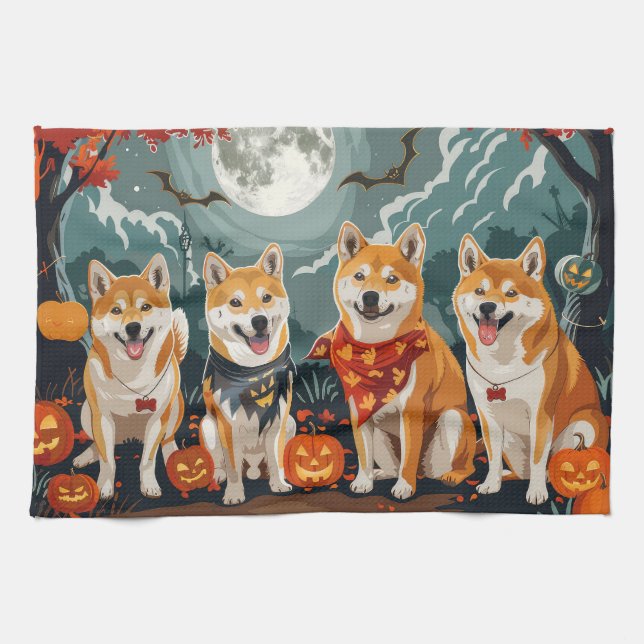 Linge De Cuisine Shiba Inu Halloween Éffrayant (Horizontal)