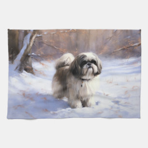 Linge De Cuisine Shih Tzu Laisse Neige Noël