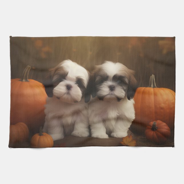 Linge De Cuisine Shih Tzu Puppy Automne Citrouille de plaisir (Horizontal)