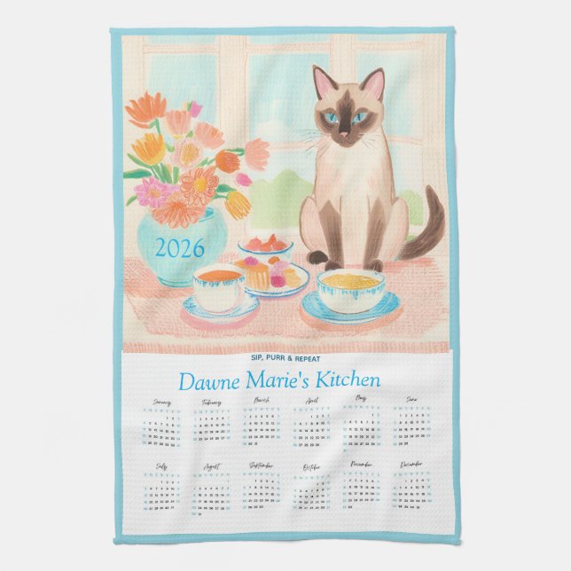 Linge De Cuisine Siamese Cat, Teacups & Tea Towel Calendar Too (Vertical)