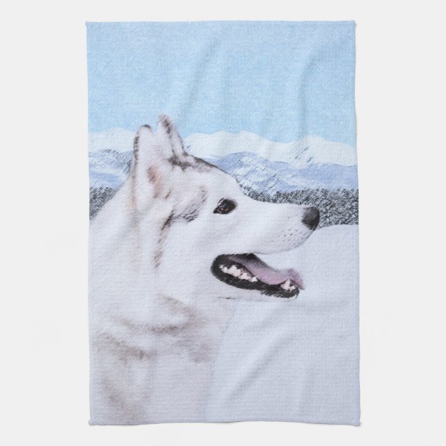 Linge De Cuisine Sibérie Husky (argent et blanc) Peinture Chien Art (Vertical)