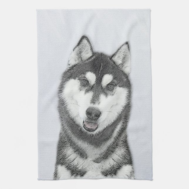Linge De Cuisine Sibérie Husky (noir et blanc) Peinture Chien Art (Vertical)