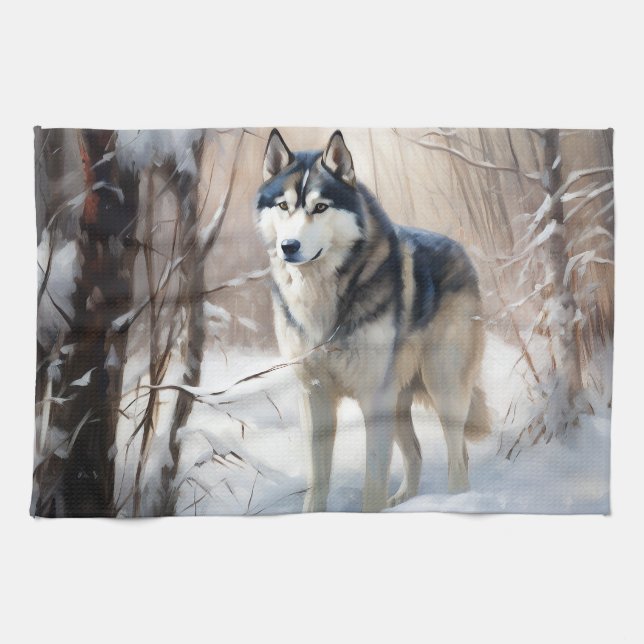 Linge De Cuisine Sibérien Husky Laisser Neige Noël (Horizontal)
