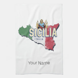 Linge De Cuisine Sicile Drapeau Italie Carte Rétro Souvenir Vintage
