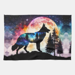 Linge De Cuisine Silhouette berger allemand sur la lune de montagne