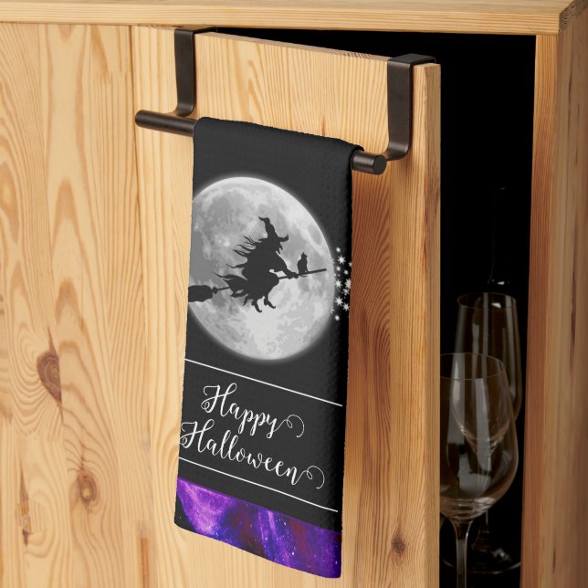 Linge De Cuisine Silhouette de sorcière violette Halloween (Pliage en tiers)