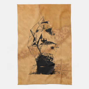 Linge De Cuisine Silhouette noire de bateau
