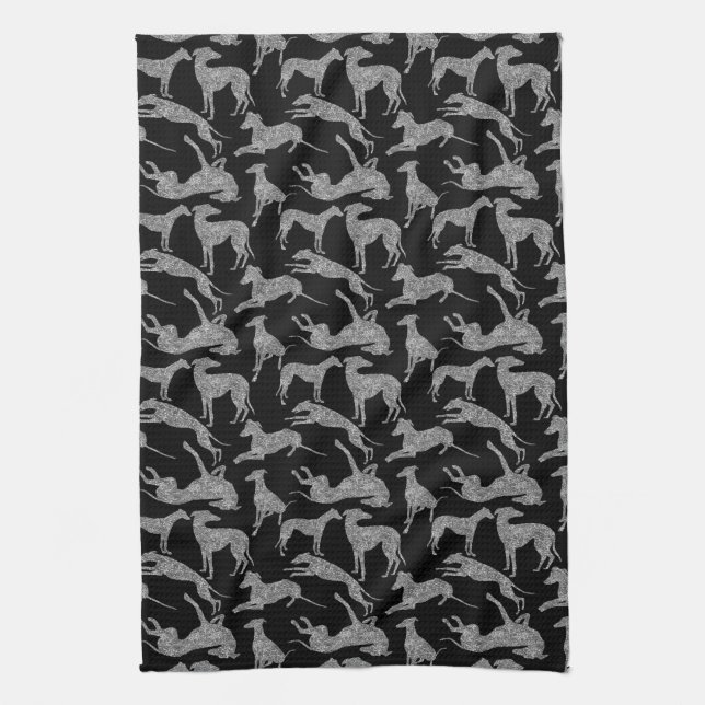 Linge De Cuisine Silhouettes Greyhound Parties scintillant Faux Arg (Vertical)