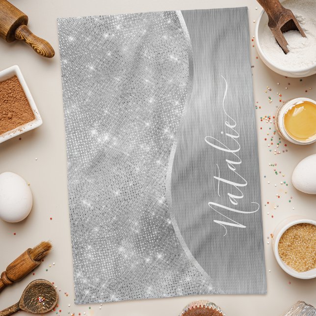 Linge De Cuisine Silver Glitter Glam Bling Personalized (Créateur téléchargé)