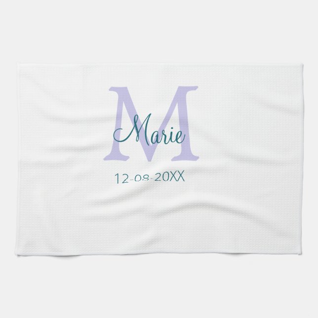 Linge De Cuisine simple minimum ajouter nom monogramme violet vert  (Horizontal)
