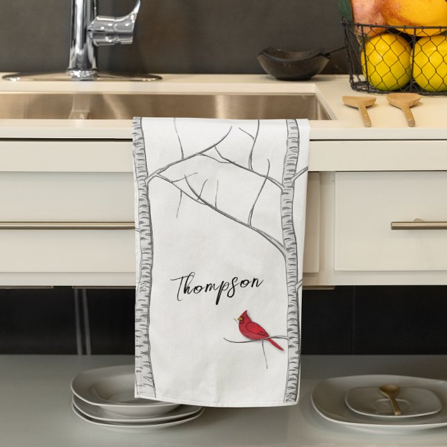 Linge De Cuisine Simples Vacances Hiver Red Cardinal Birsier (Red Cardinal birch tree custom kitchen towel. )