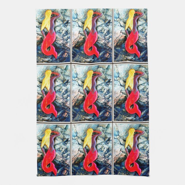 Linge De Cuisine sirène blonde en rouge (Vertical)