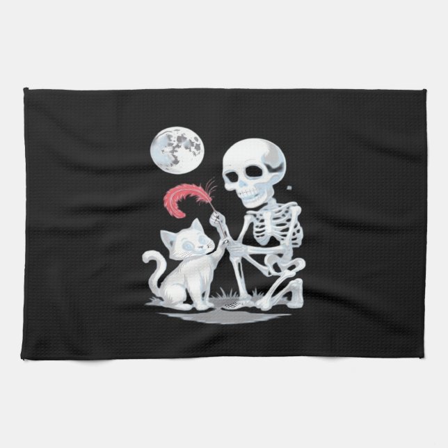 Linge De Cuisine Skeleton Chat Halloween drôle mignon Éffrayant ess (Horizontal)