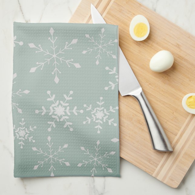 Linge De Cuisine Snowflakes avec un arrière - plan vert clair (Quart Plié)