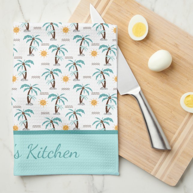 Linge De Cuisine Soleil personnalisé de palmier tropical sarcelle (Quart Plié)