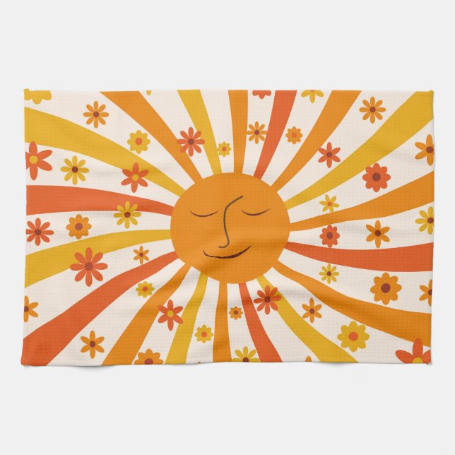 Linge De Cuisine Soleil Rétro Avec Fleurs Hippie Soleil (Horizontal)