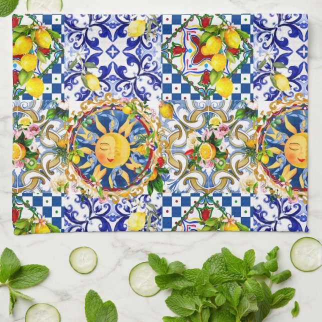 Linge De Cuisine soleil sicilien, citron, carreaux méditerranéens, (Plié)