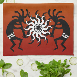 Linge De Cuisine Soleil Tribal Orange Noir Blanc Kokopelli Sud-Oues