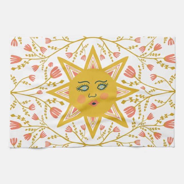 Linge De Cuisine Soleils Boho & Vignes Fleurs Rose Jaune (Horizontal)