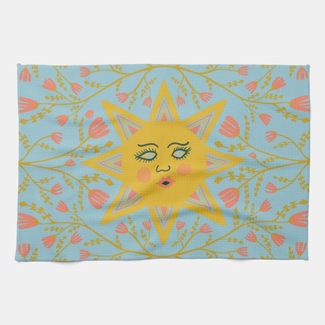 Linge De Cuisine Soleils Boho & Vignes Fleurs Rose Jaune Bleu (Horizontal)