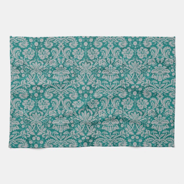 Linge De Cuisine Sombre Damas Turquoise (Horizontal)