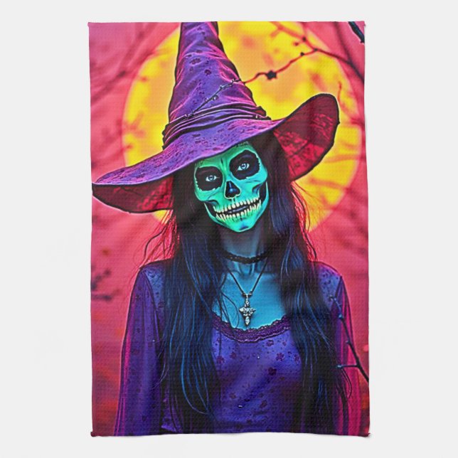 Linge De Cuisine Sorcière d'Halloween avec conception de visage crâ (Vertical)