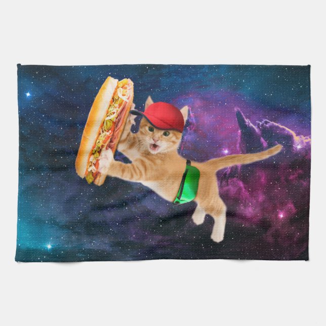 Linge De Cuisine Spatiale chat avec casquette et sac à dos (Horizontal)