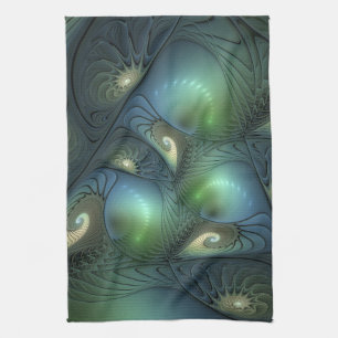 Linge De Cuisine Spirales Vert Beige Abstrait Art Fractal